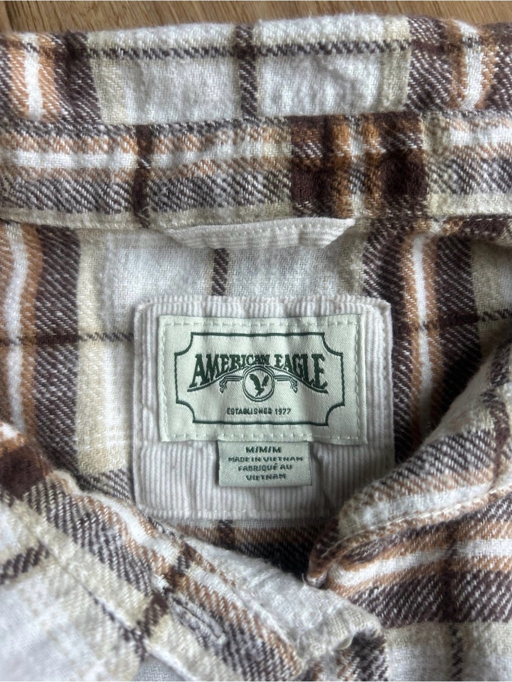 American Eagle Outfitters Cream and Brown Plaid Shirt - Picture 3 of 3